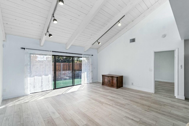 unfurnished living room featuring wooden ceiling, track lighting, and light hardwood / wood-style floors