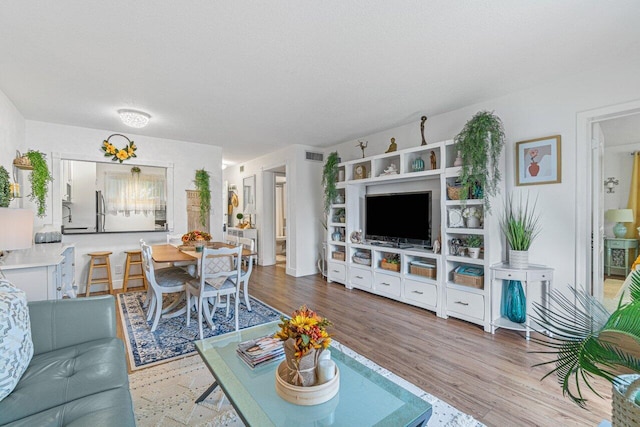 living room with a textured ceiling and hardwood / wood-style floors