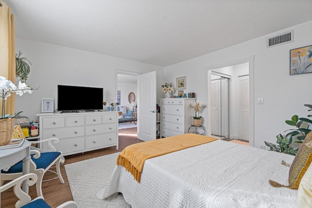 bedroom featuring wood-type flooring, a closet, and a textured ceiling