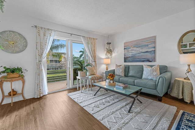 living room with a textured ceiling and wood-type flooring