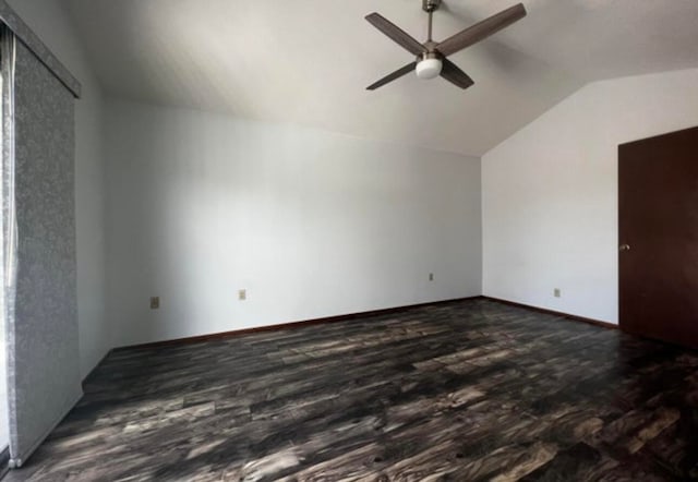 unfurnished room with wood-type flooring, lofted ceiling, and ceiling fan