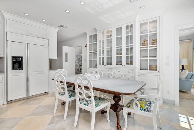 dining area with recessed lighting, visible vents, and ornamental molding