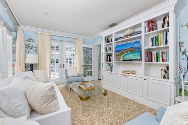 living room featuring recessed lighting, visible vents, crown molding, and french doors