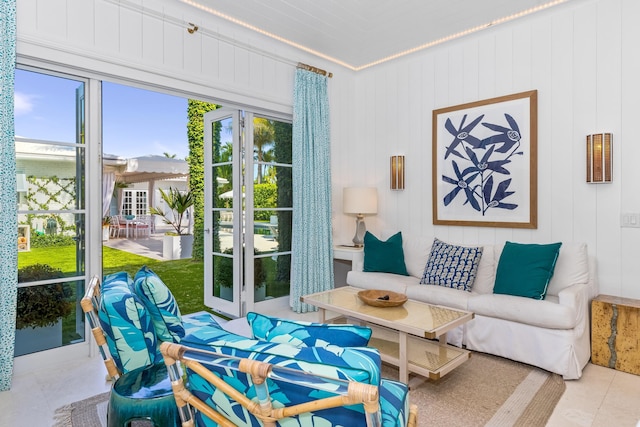 living room featuring tile patterned flooring