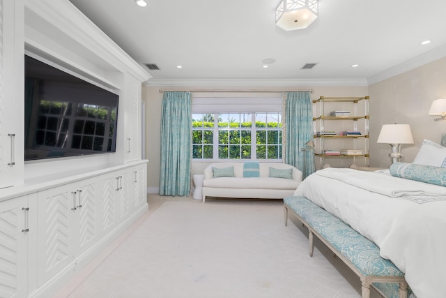 bedroom with recessed lighting, visible vents, light carpet, and crown molding