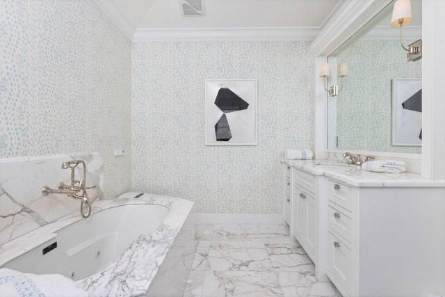 bathroom featuring tile patterned flooring, a washtub, and crown molding