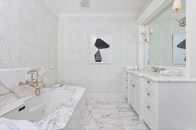 full bath featuring vanity, wallpapered walls, a whirlpool tub, ornamental molding, and marble finish floor