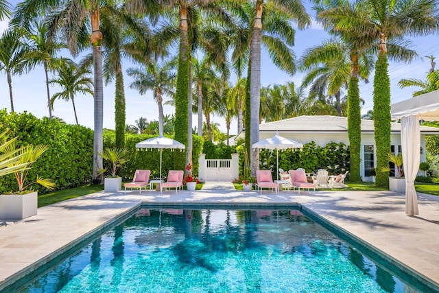 view of swimming pool with a fenced in pool, a patio, and fence