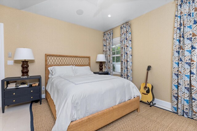 carpeted bedroom featuring access to outside, ceiling fan, and ornamental molding