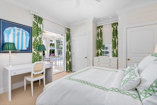 bedroom with ornamental molding, ceiling fan, and tile patterned flooring