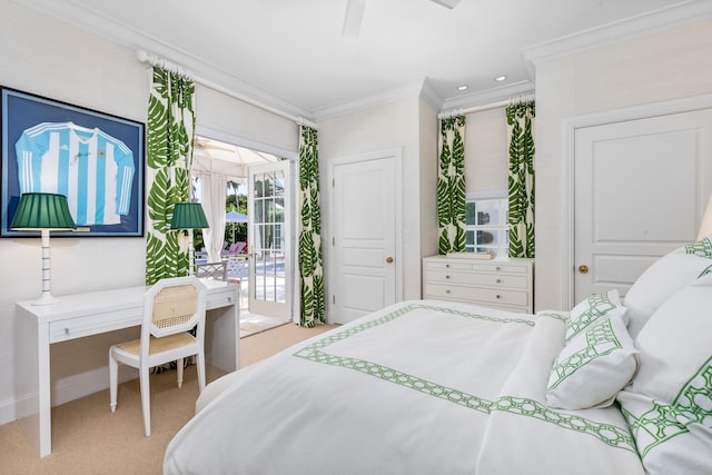 bedroom featuring access to exterior, light carpet, a ceiling fan, and ornamental molding