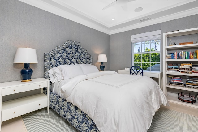 bedroom with ceiling fan, wallpapered walls, visible vents, and ornamental molding