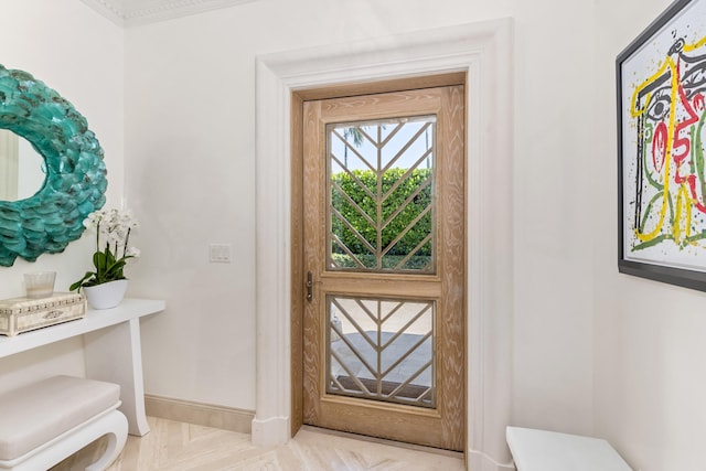 foyer entrance featuring light parquet flooring