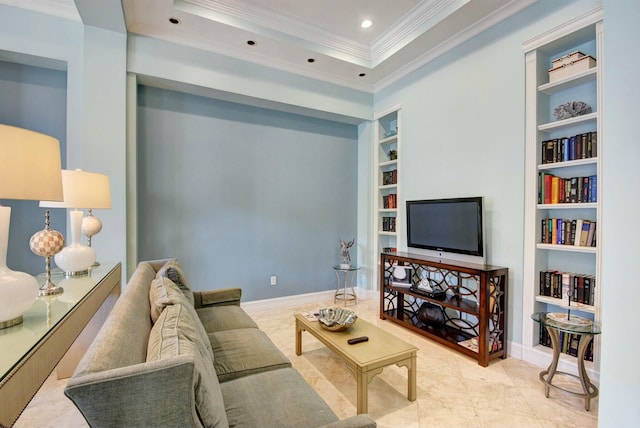 tiled living room featuring a raised ceiling, crown molding, and built in shelves