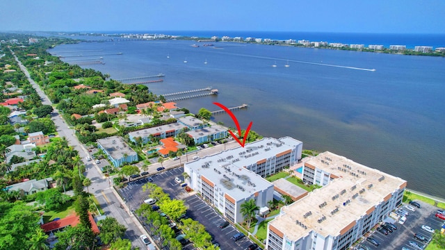 aerial view featuring a water view