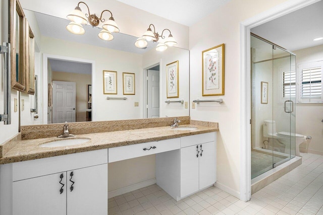 bathroom featuring an inviting chandelier, tile patterned floors, walk in shower, toilet, and vanity