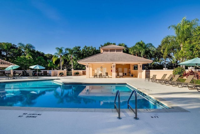 view of swimming pool featuring a patio