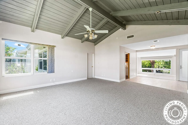 unfurnished living room with carpet, beam ceiling, ceiling fan, and wooden ceiling