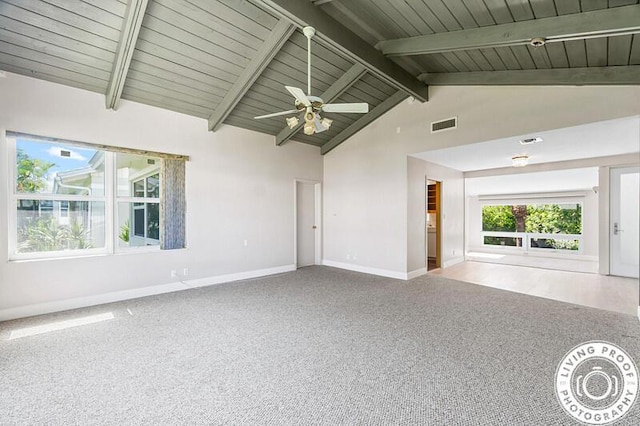 320 S Ocean Blvd Unit U-C, Delray Beach, FL 33483 - empty room with carpet floors, baseboards, a ceiling fan, beam ceiling, and high vaulted ceiling