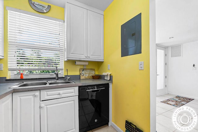 kitchen featuring white cabinets, sink, light tile patterned flooring, electric panel, and dishwasher