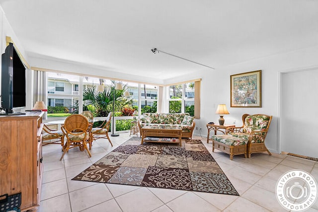 living room featuring light tile patterned flooring