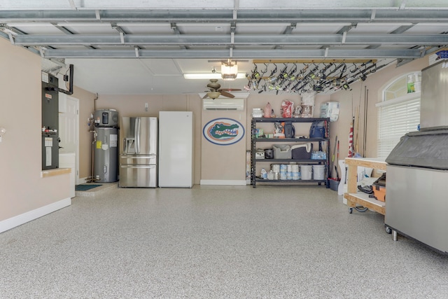 garage with white fridge, ceiling fan, electric water heater, stainless steel fridge with ice dispenser, and a garage door opener