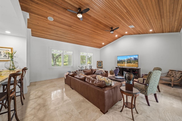 living room featuring ceiling fan, wood ceiling, and vaulted ceiling