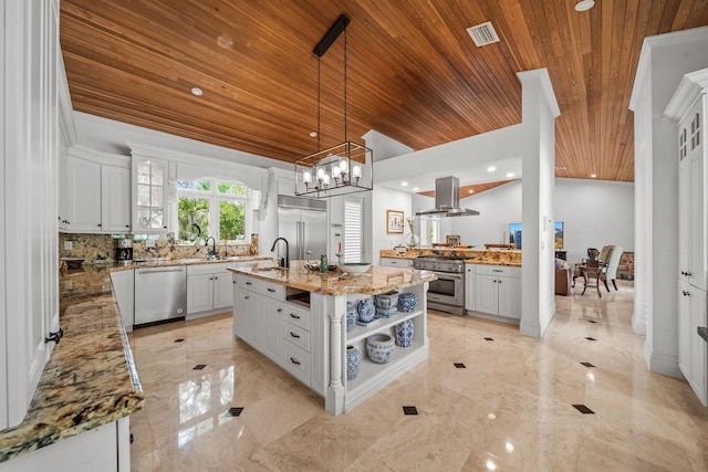 kitchen with light stone countertops, wood ceiling, a center island with sink, high quality appliances, and white cabinetry