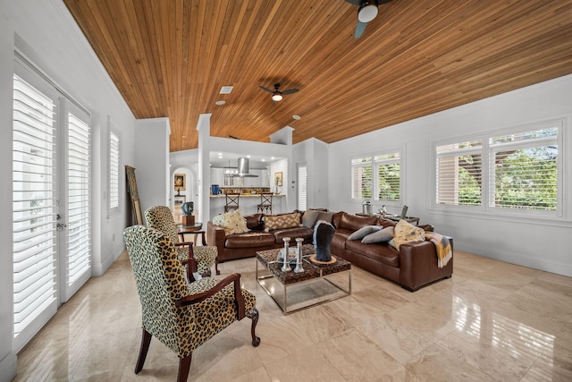 living room featuring ceiling fan, wood ceiling, and a high ceiling