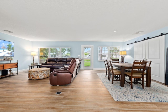 living room with a barn door and light wood-type flooring