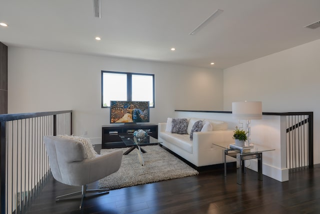 living room featuring dark wood-type flooring