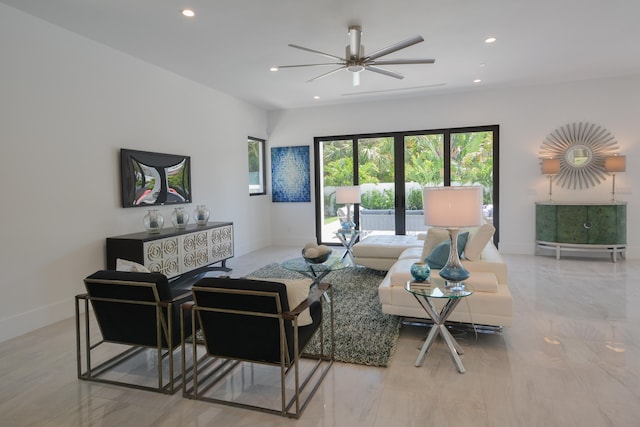 living room with ceiling fan