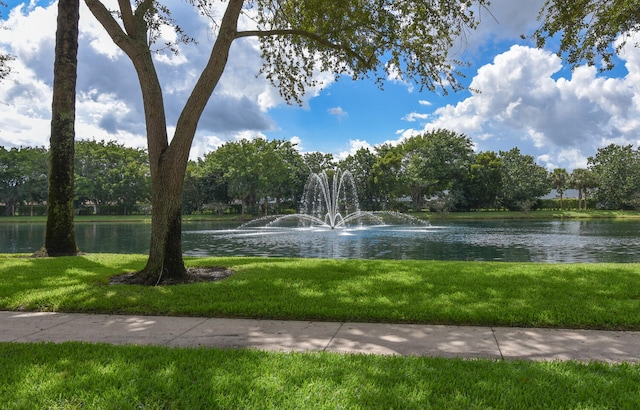 view of community featuring a water view and a yard