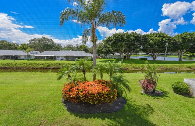 view of property's community with a water view and a yard