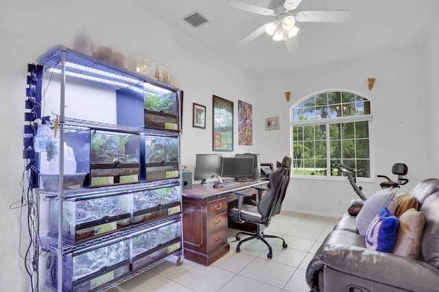 office area featuring light tile patterned flooring and ceiling fan