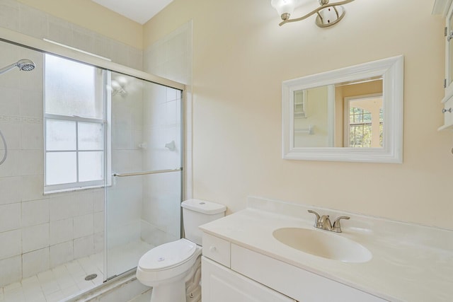 bathroom with plenty of natural light, an enclosed shower, and vanity