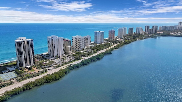 birds eye view of property featuring a water view