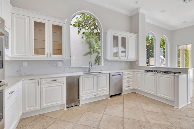 kitchen with sink, appliances with stainless steel finishes, white cabinetry, backsplash, and ornamental molding