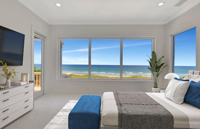 carpeted bedroom featuring a water view and crown molding