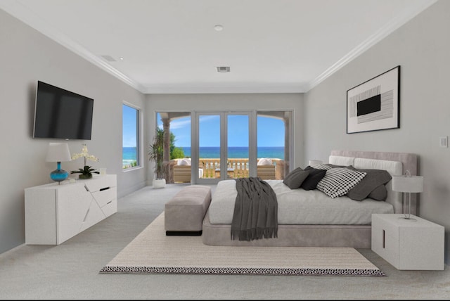 bedroom with a water view, crown molding, and light colored carpet