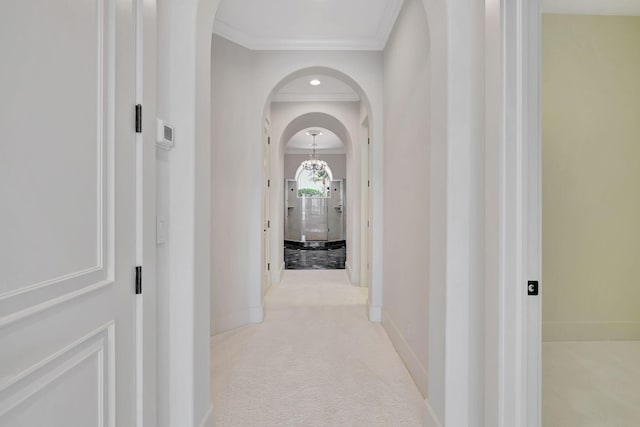 corridor with ornamental molding and light colored carpet