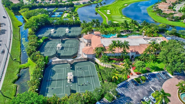 bird's eye view with a water view