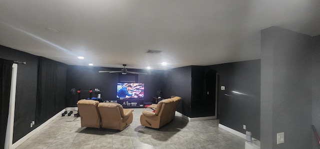 home theater room with ceiling fan