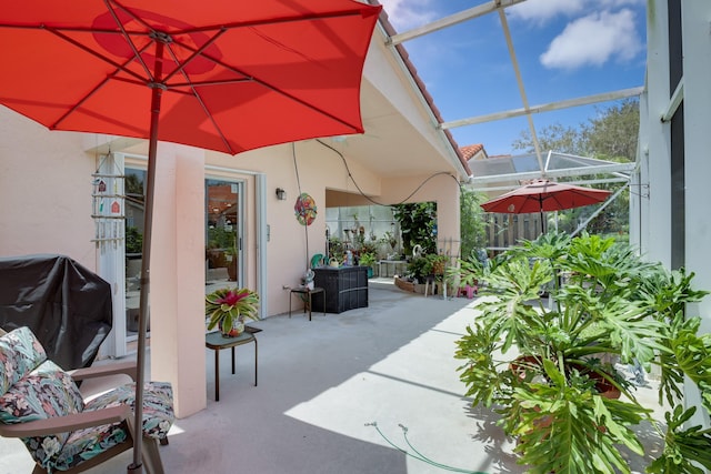 view of patio / terrace with a lanai and grilling area