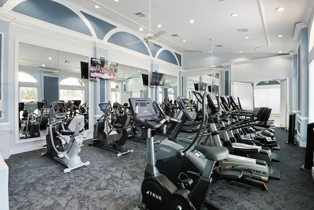 workout area with carpet, ornamental molding, and ceiling fan