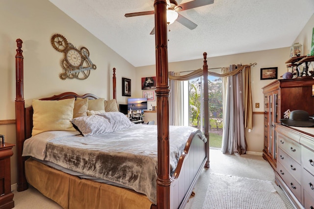 bedroom with lofted ceiling, access to exterior, a textured ceiling, light colored carpet, and ceiling fan