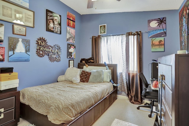 bedroom featuring light carpet, ceiling fan, and lofted ceiling