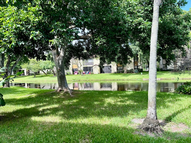 view of community featuring a water view and a lawn