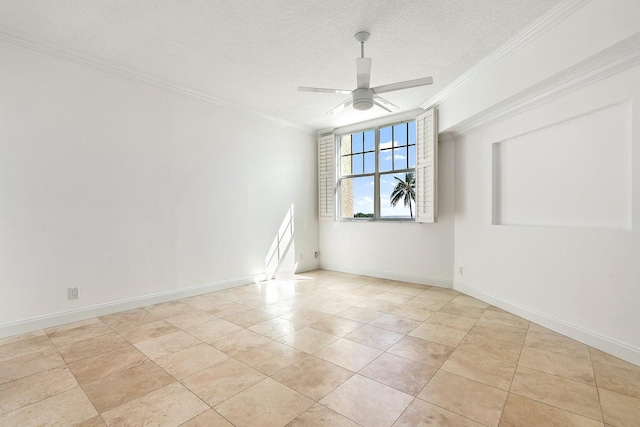 tiled spare room with crown molding, a textured ceiling, and ceiling fan