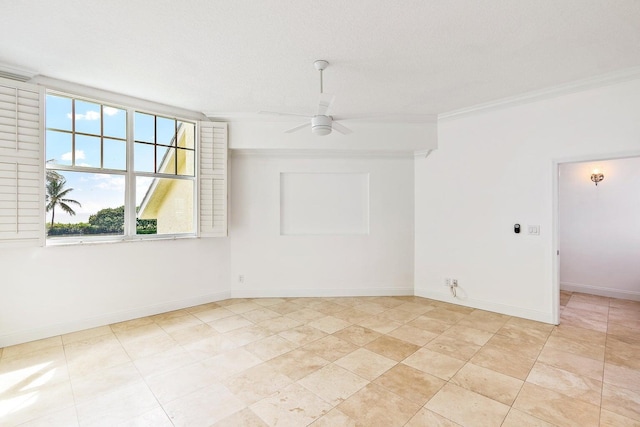 empty room with a textured ceiling, ornamental molding, and ceiling fan